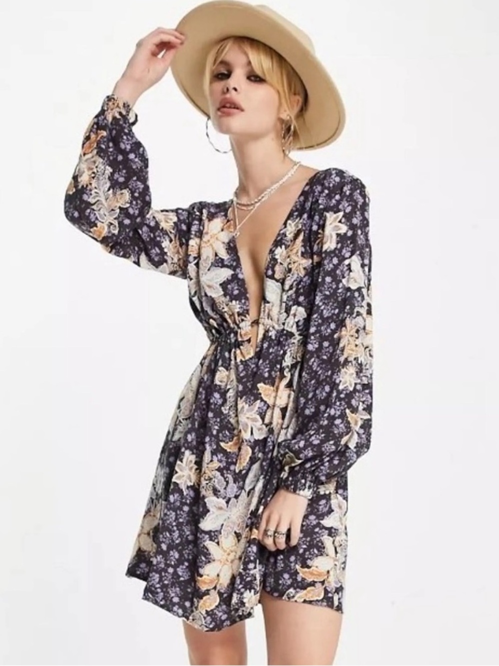Soli Plunge Neck Long Sleeve Minidress